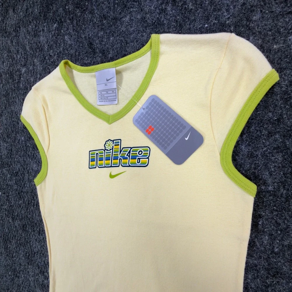 Nike Y2K V-Neck Baby Tee Girls XL Yellow Lime Green NWT Modern 690984-708